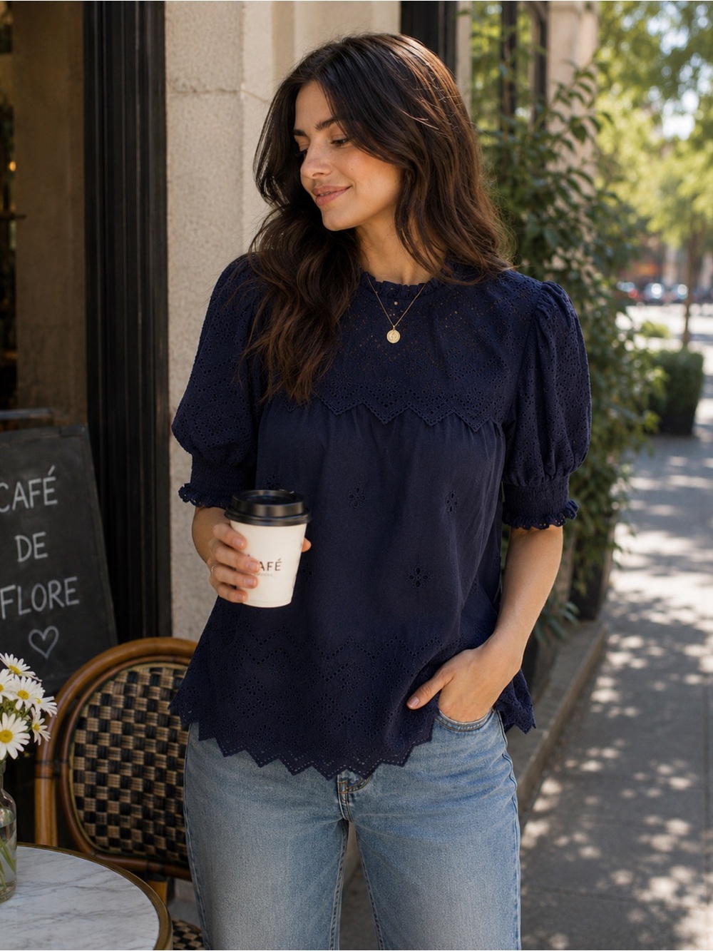 Industry Navy Eyelet Blouse | Size Small | 100% Cotton